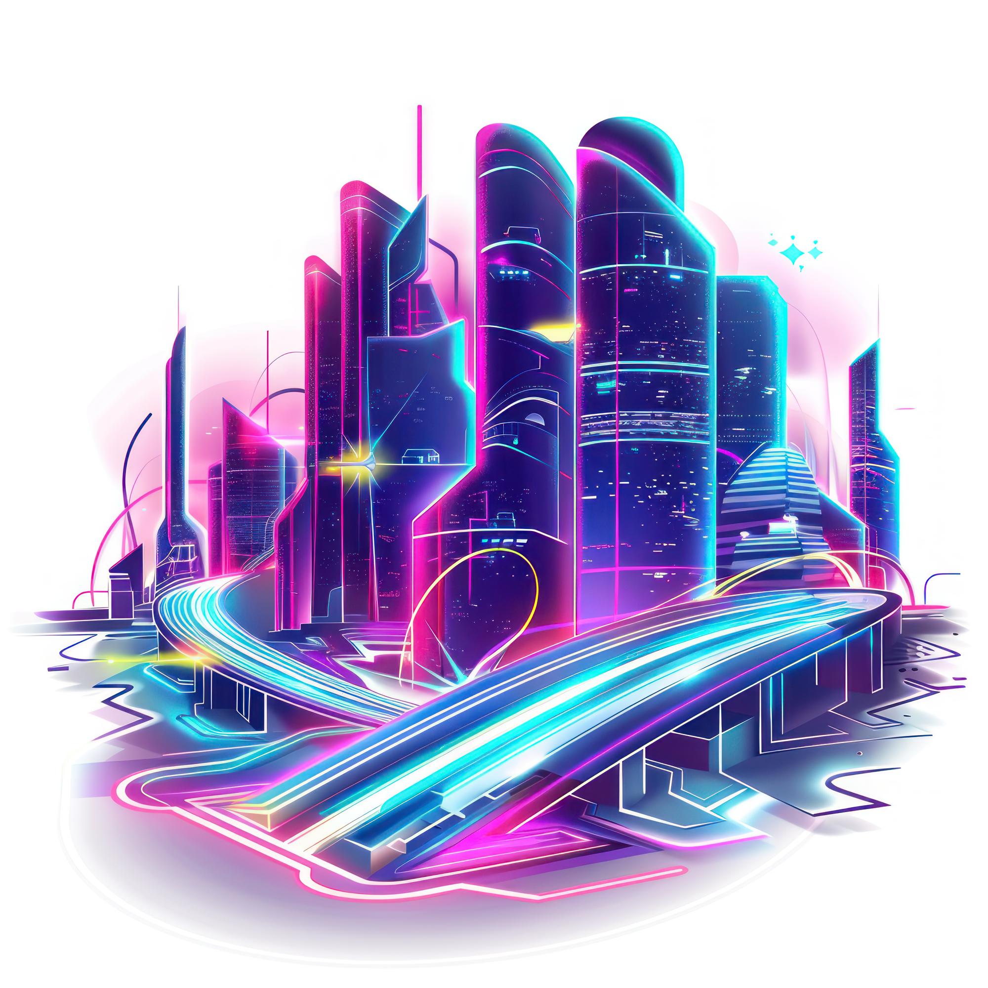 Cinematic in-game landscape with neon skyline